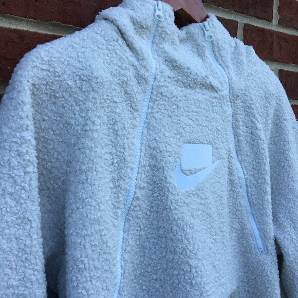 Nike NSW Sherpa Pullover Hoodie Large Ivory 1/2 Double Zip Kangaroo Pouch - Picture 4 of 14